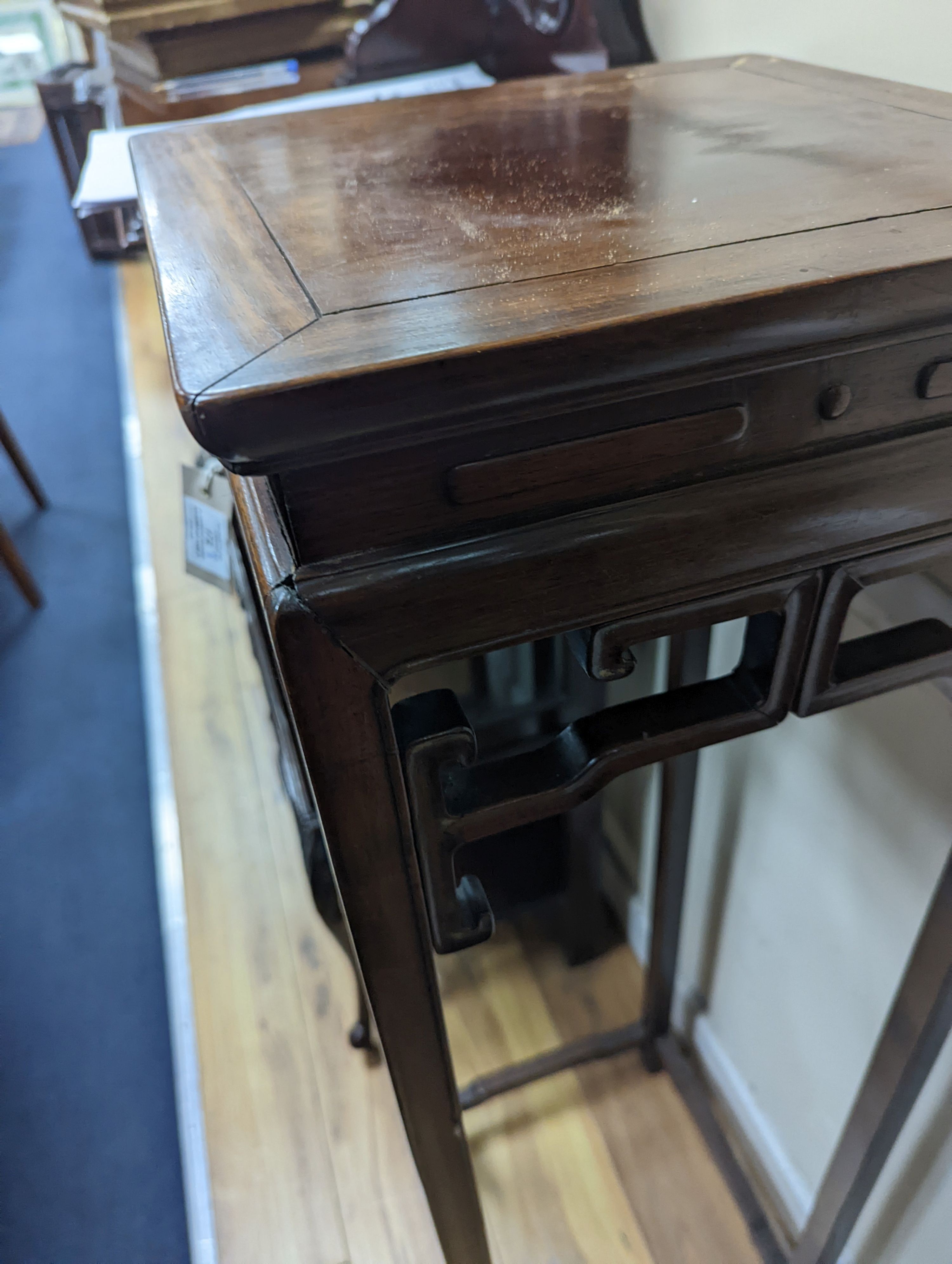 A Chinese carved hardwood vase stand, width 32cm, depth 33cm, height 110cm